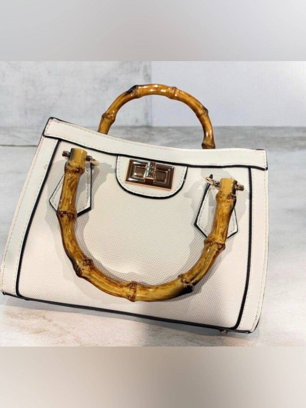 Cato Cream Satchel with Bamboo-Style Handles